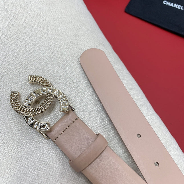 CC MEDIUM 30 MM BELT ALMOND BEIGE CALFSKIN GOLD HARDWARE WITH LETTER
