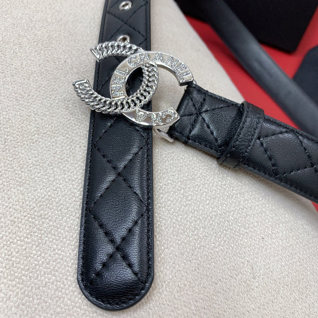 CC MEDIUM 30 MM BELT BLACK EMBROIDERED CALFSKIN SILVER HARDWARE WITH LETTER