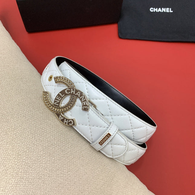 CC MEDIUM 30 MM BELT WHITE EMBROIDERED CALFSKIN GOLD HARDWARE WITH LETTER