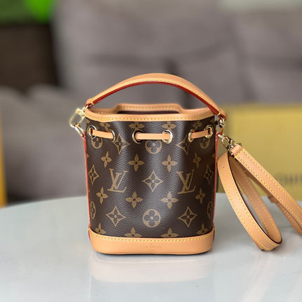 LV 25S NANO NOÉ 16 IN DARK BROWN MONOGRAM COATED CANVAS LEATHER TRIM