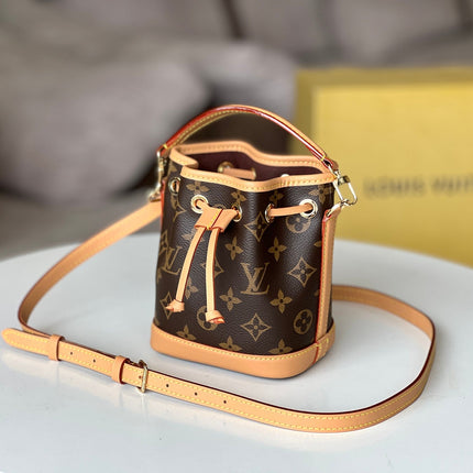 LV 25S NANO NOÉ 16 IN DARK BROWN MONOGRAM COATED CANVAS LEATHER TRIM