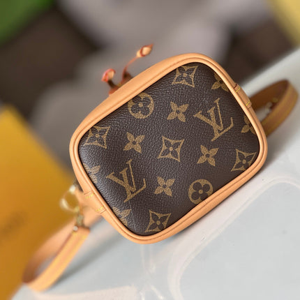 LV 25S NANO NOÉ 16 IN DARK BROWN MONOGRAM COATED CANVAS LEATHER TRIM