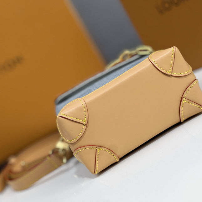 LV 25S NANO STEAMER 18 IN BLUE COTTON DENIM CALFSKIN TRIM GOLD HARDWARE