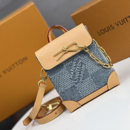 LV 25S NANO STEAMER 18 IN BLUE COTTON DENIM CALFSKIN TRIM GOLD HARDWARE