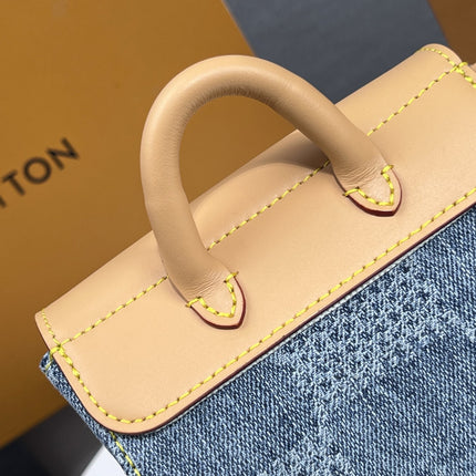 LV 25S NANO STEAMER 18 IN BLUE COTTON DENIM CALFSKIN TRIM GOLD HARDWARE