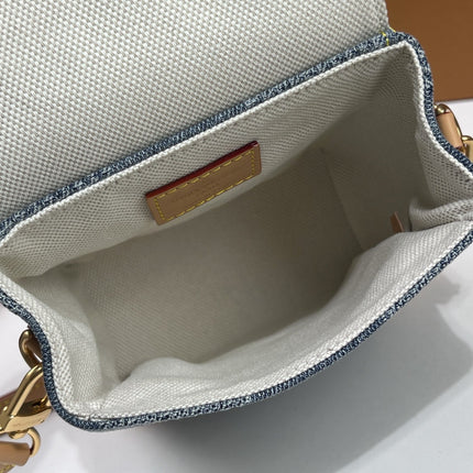 LV 25S NANO STEAMER 18 IN BLUE COTTON DENIM CALFSKIN TRIM GOLD HARDWARE