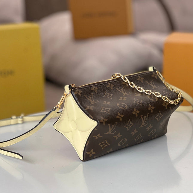 BLOOM POUCH 22 IN BROWN MONOGRAM CANVAS AND PASTEL YELLOW CALFSKIN SIDES