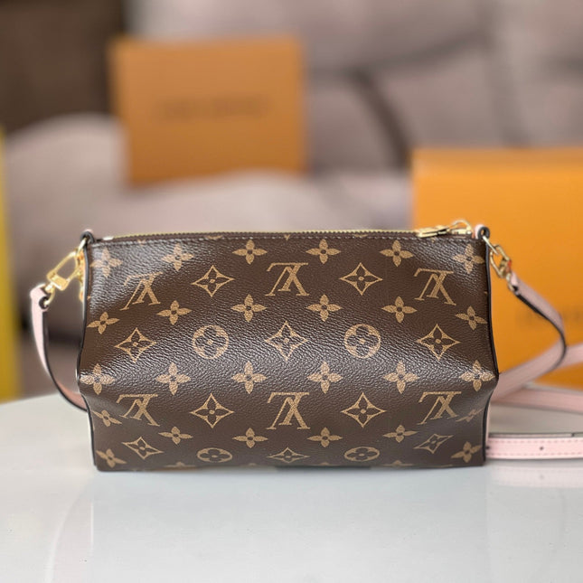 BLOOM POUCH 22 IN BROWN MONOGRAM CANVAS AND PASTEL PINK CALFSKIN SIDES