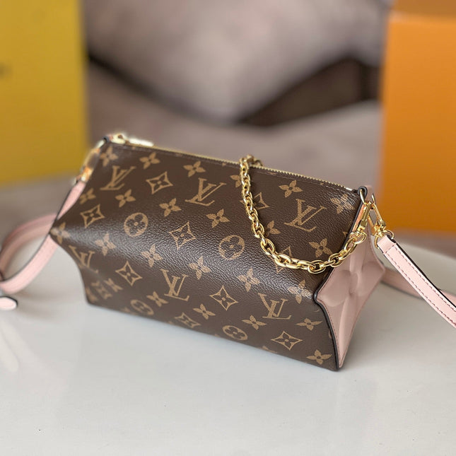 BLOOM POUCH 22 IN BROWN MONOGRAM CANVAS AND PASTEL PINK CALFSKIN SIDES