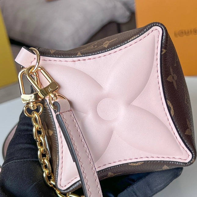 BLOOM POUCH 22 IN BROWN MONOGRAM CANVAS AND PASTEL PINK CALFSKIN SIDES