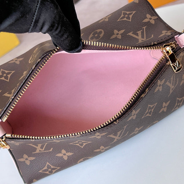 BLOOM POUCH 22 IN BROWN MONOGRAM CANVAS AND PASTEL PINK CALFSKIN SIDES