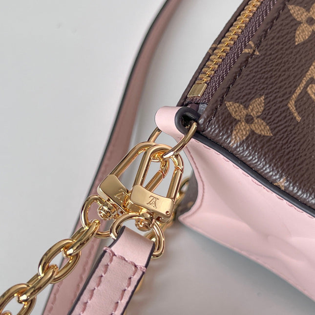 BLOOM POUCH 22 IN BROWN MONOGRAM CANVAS AND PASTEL PINK CALFSKIN SIDES