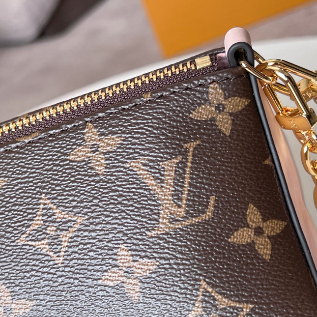 BLOOM POUCH 22 IN BROWN MONOGRAM CANVAS AND PASTEL PINK CALFSKIN SIDES