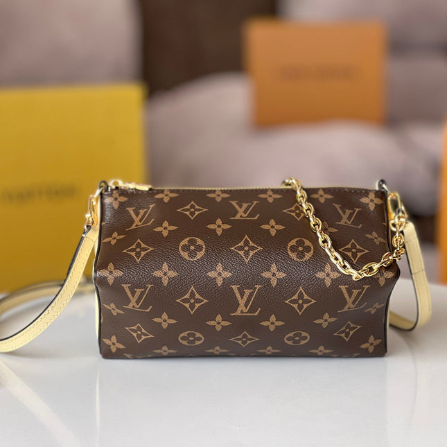 BLOOM POUCH 22 IN BROWN MONOGRAM CANVAS AND PASTEL YELLOW CALFSKIN SIDES