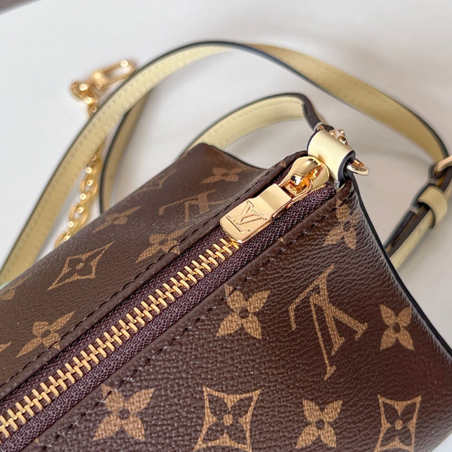 BLOOM POUCH 22 IN BROWN MONOGRAM CANVAS AND PASTEL YELLOW CALFSKIN SIDES