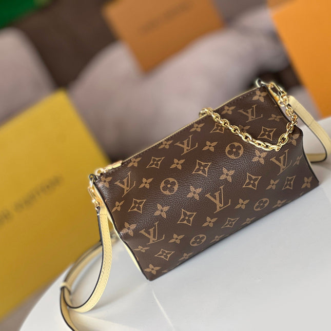 BLOOM POUCH 22 IN BROWN MONOGRAM CANVAS AND PASTEL YELLOW CALFSKIN SIDES