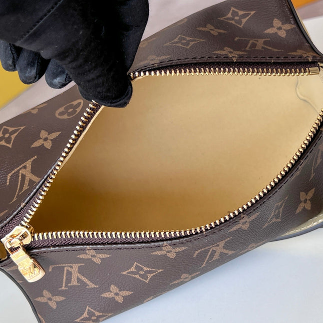 BLOOM POUCH 22 IN BROWN MONOGRAM CANVAS AND PASTEL YELLOW CALFSKIN SIDES