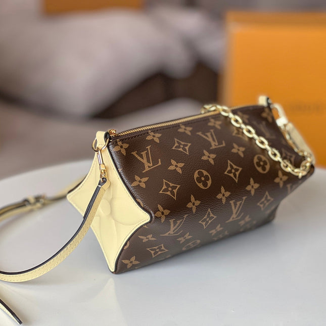 BLOOM POUCH 22 IN BROWN MONOGRAM CANVAS AND PASTEL YELLOW CALFSKIN SIDES