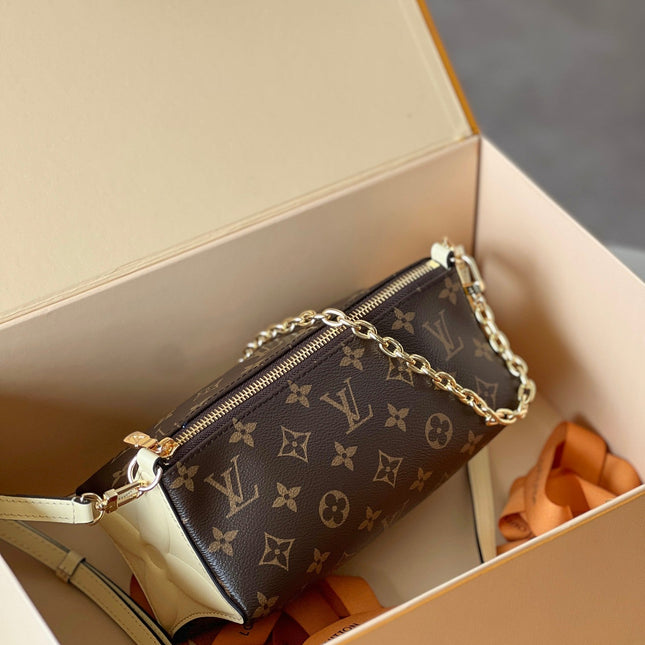 BLOOM POUCH 22 IN BROWN MONOGRAM CANVAS AND PASTEL YELLOW CALFSKIN SIDES