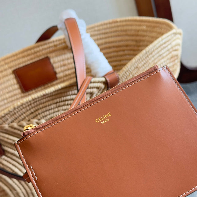 CLASSIC PANIER MEDIUM BRAIDED TRIOMPHE 47 IN BEIGE RAFFIA AND CALFSKIN