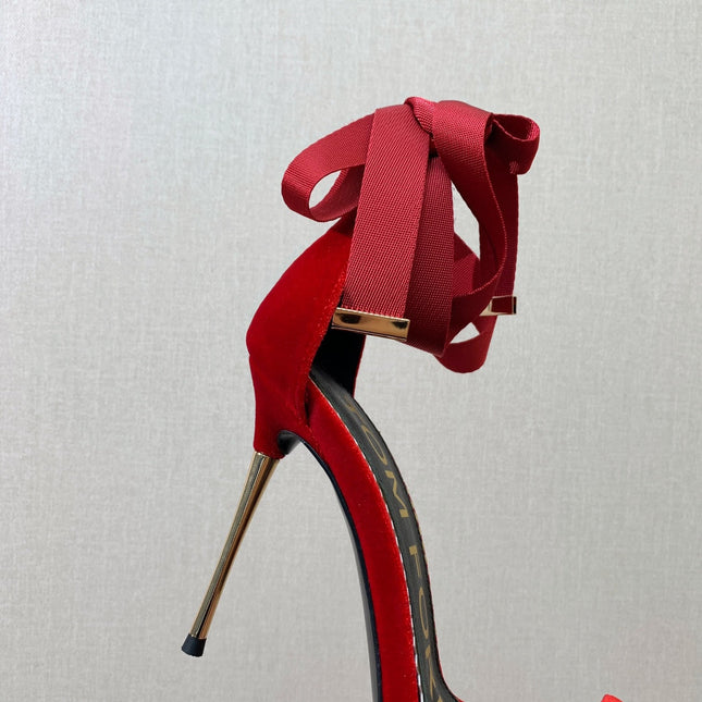 ANKLE SANDAL 10 CM IN RUBY RED VELVET AND SILK