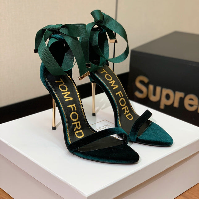 ANKLE SANDAL 10 CM IN GREEN FOREST VELVET AND SILK