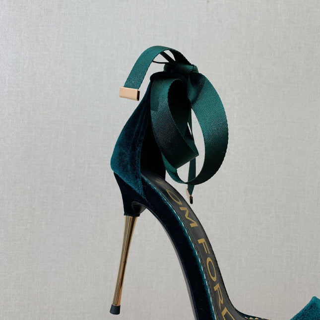 ANKLE SANDAL 10 CM IN GREEN FOREST VELVET AND SILK