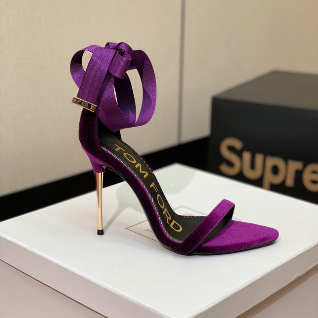 ANKLE SANDAL 10 CM IN PLUM PURPLE VELVET AND SILK