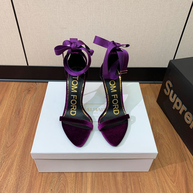 ANKLE SANDAL 10 CM IN PLUM PURPLE VELVET AND SILK