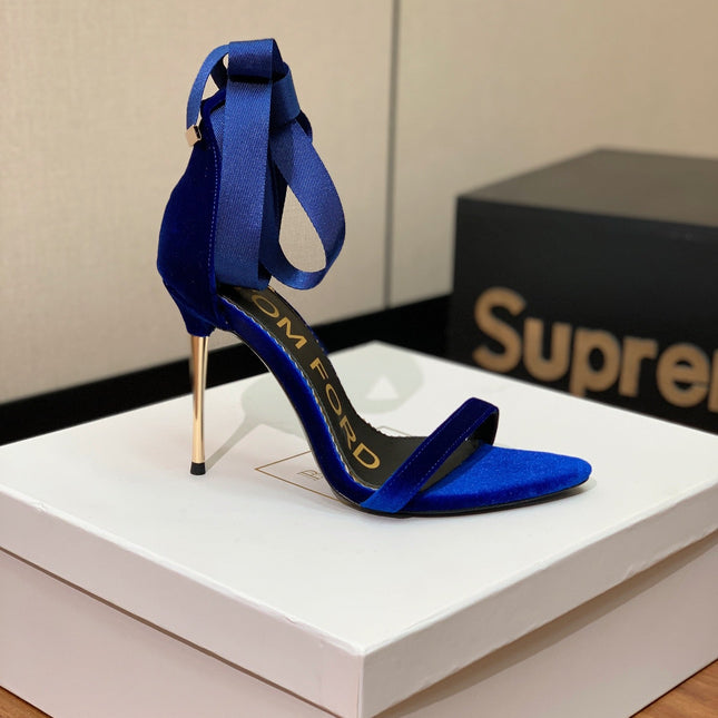 ANKLE SANDAL 10 CM IN NAVY BLUE VELVET AND SILK