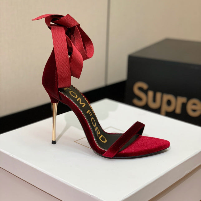 ANKLE SANDAL 10 CM IN CRIMSON RED VELVET AND SILK