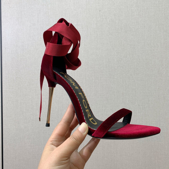 ANKLE SANDAL 10 CM IN CRIMSON RED VELVET AND SILK
