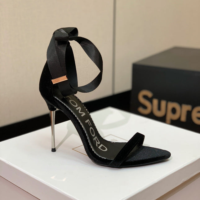 ANKLE SANDAL 10 CM IN BLACK VELVET AND SILK