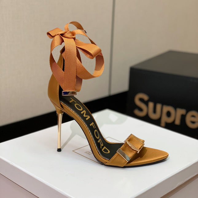 ANKLE SANDAL 10 CM IN CIDER ORANGE SILK AND SHEEPSKIN