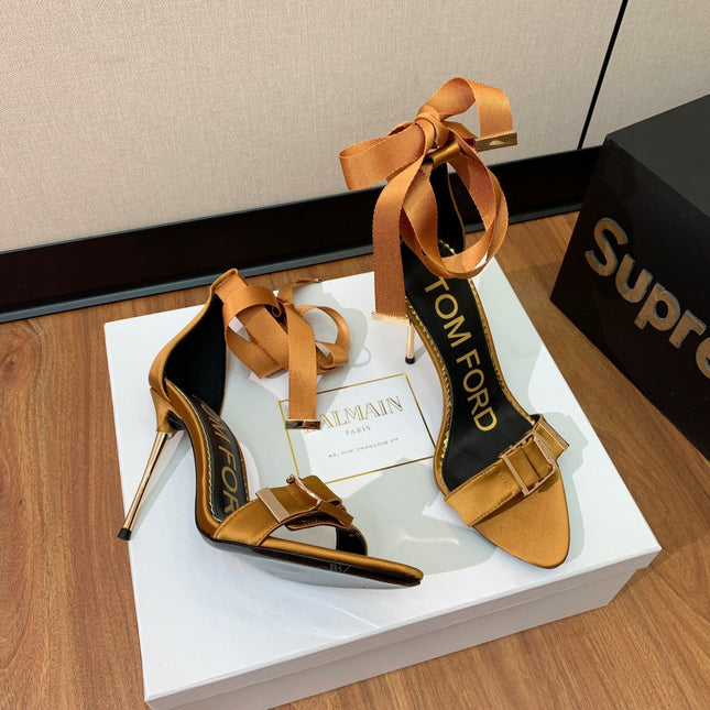 ANKLE SANDAL 10 CM IN CIDER ORANGE SILK AND SHEEPSKIN