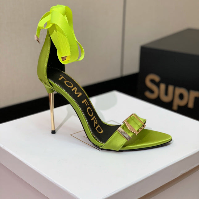 ANKLE SANDAL 10 CM IN PEAR GREEN SILK AND SHEEPSKIN