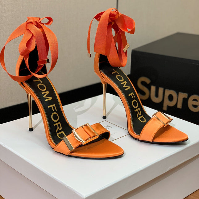 ANKLE SANDAL 10 CM IN SPANISH ORANGE SILK AND SHEEPSKIN