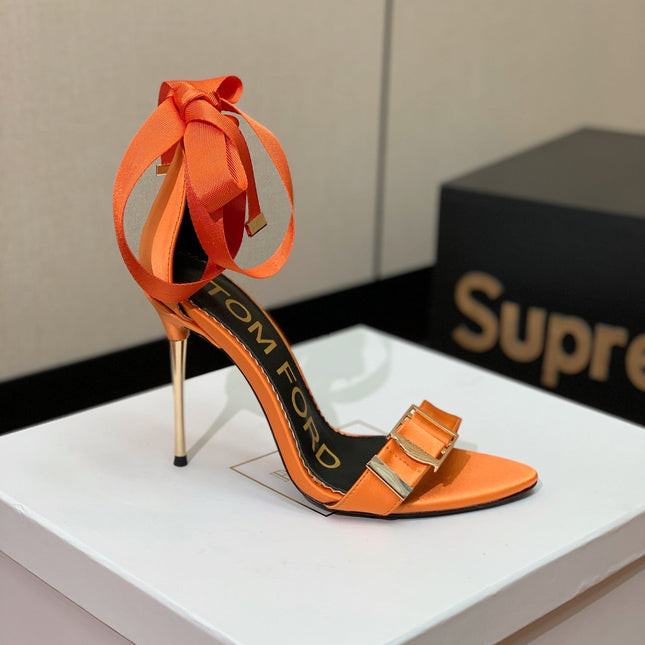 ANKLE SANDAL 10 CM IN SPANISH ORANGE SILK AND SHEEPSKIN