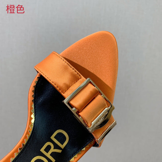 ANKLE SANDAL 10 CM IN SPANISH ORANGE SILK AND SHEEPSKIN