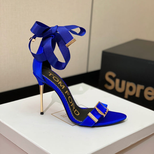 ANKLE SANDAL 10 CM IN COBALT BLUE SILK AND SHEEPSKIN