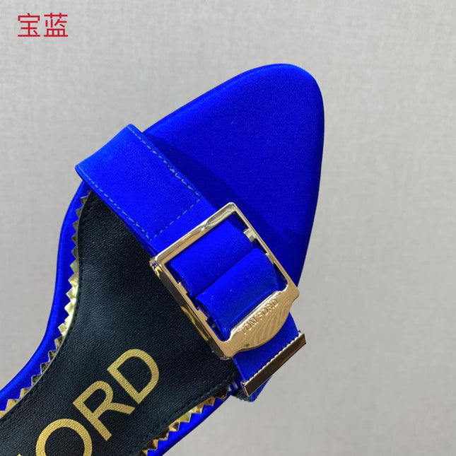 ANKLE SANDAL 10 CM IN COBALT BLUE SILK AND SHEEPSKIN