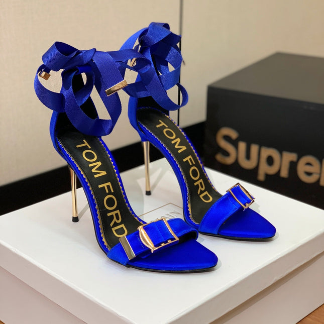 ANKLE SANDAL 10 CM IN COBALT BLUE SILK AND SHEEPSKIN