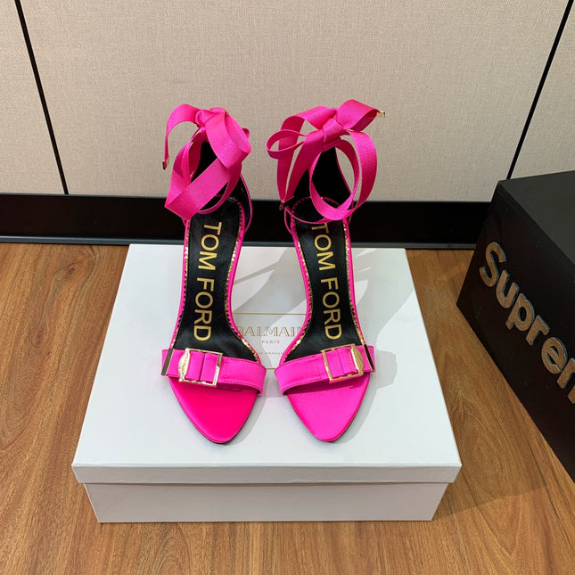 ANKLE SANDAL 10 CM IN BRIGHT PINK SILK AND SHEEPSKIN