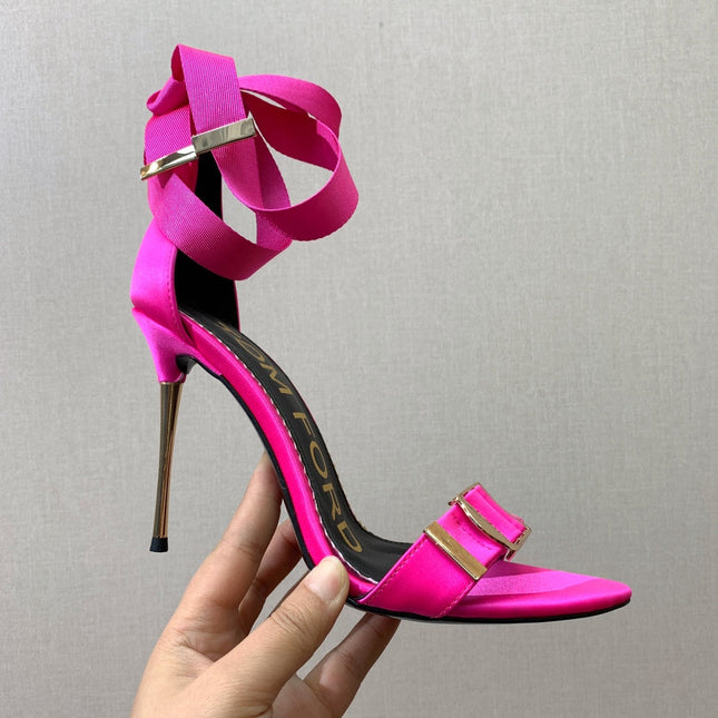 ANKLE SANDAL 10 CM IN BRIGHT PINK SILK AND SHEEPSKIN