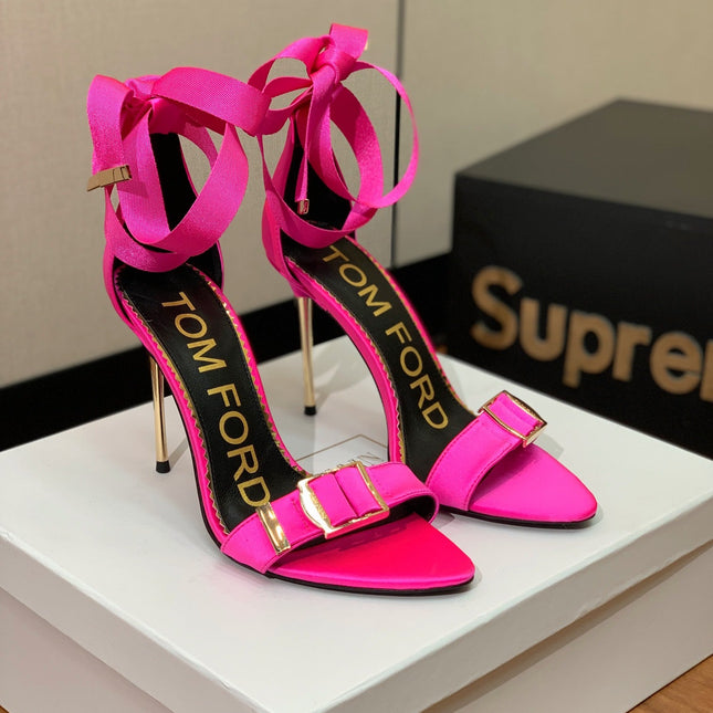 ANKLE SANDAL 10 CM IN BRIGHT PINK SILK AND SHEEPSKIN