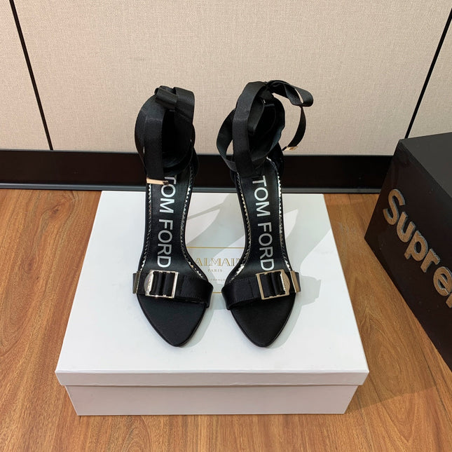 ANKLE SANDAL 10 CM IN BLACK SILK AND SHEEPSKIN