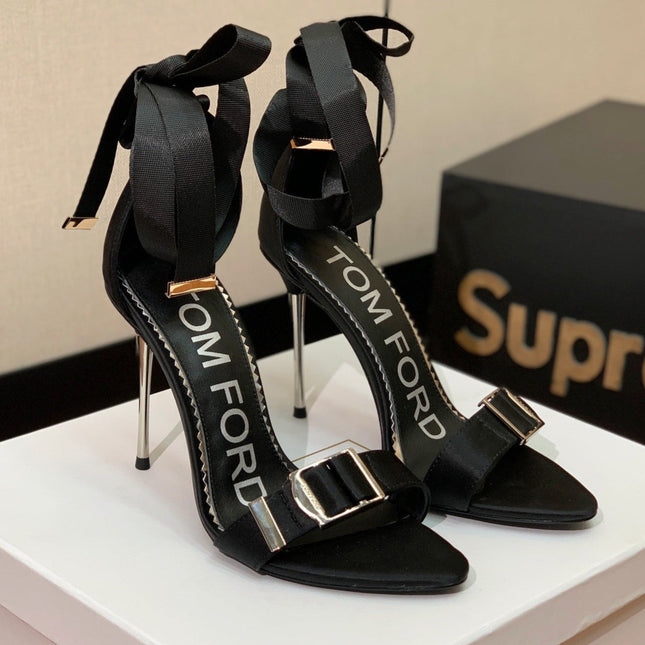ANKLE SANDAL 10 CM IN BLACK SILK AND SHEEPSKIN