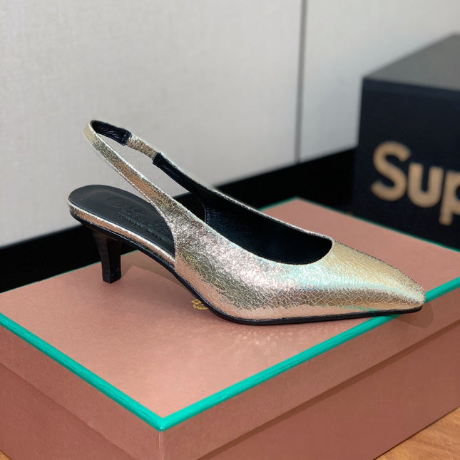 LP POINTED TOE MID-HEEL SLINGBACK METALLIC GOLD CALFSKIN