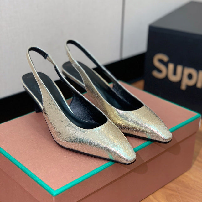 LP POINTED TOE MID-HEEL SLINGBACK METALLIC GOLD CALFSKIN
