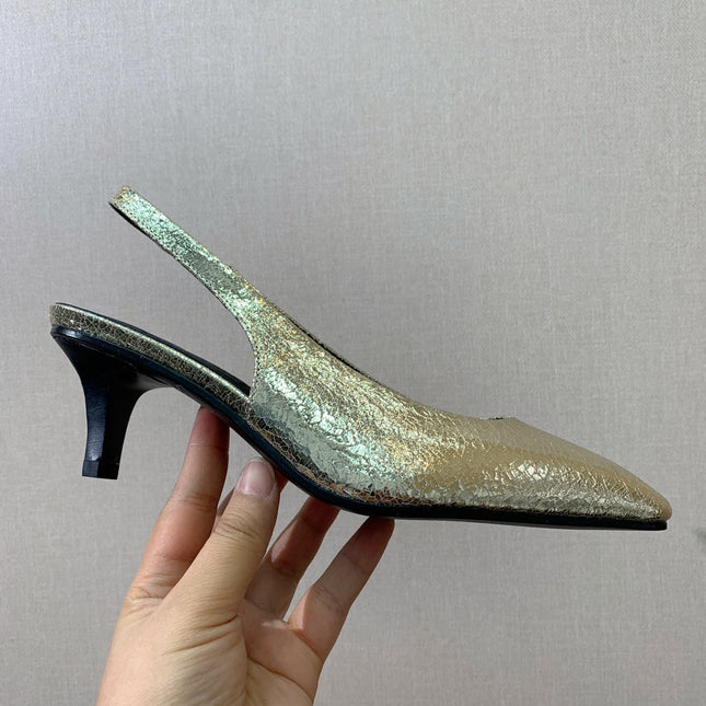LP POINTED TOE MID-HEEL SLINGBACK METALLIC GOLD CALFSKIN